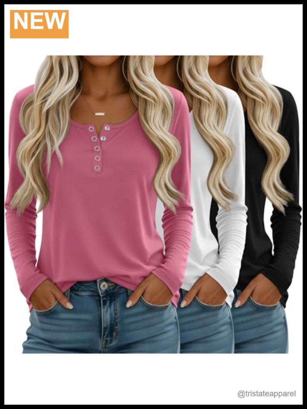 Women's Long Sleeve Henley Shirts 3 Pack Casual Button Tops